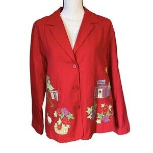 HEARTS Of Palm Womens Size 16 Red Blazer Tropical Island Cafe 3 Button Lined